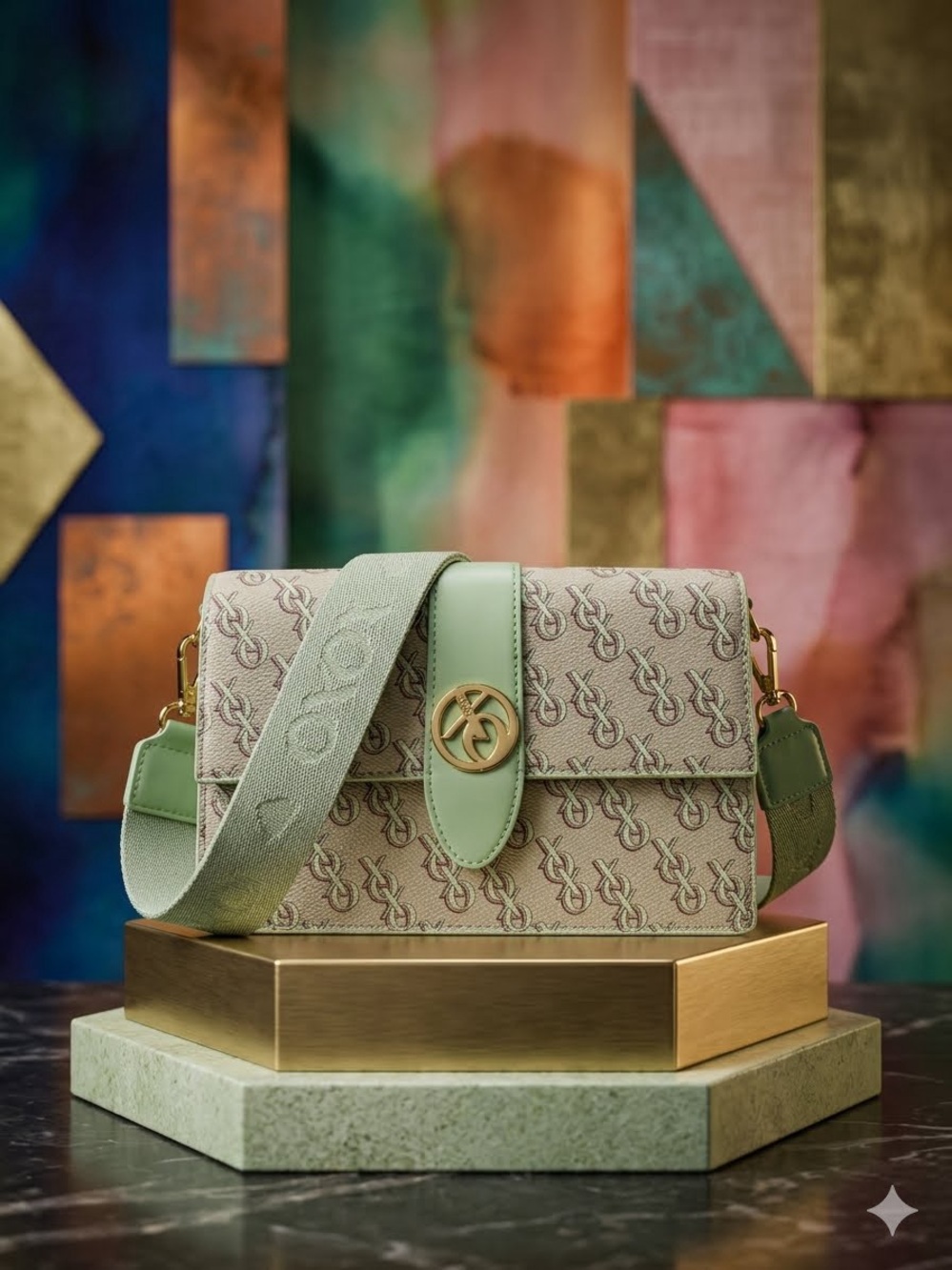 Green XOXO Monogram Crossbody Bag with Gold Accent NWT